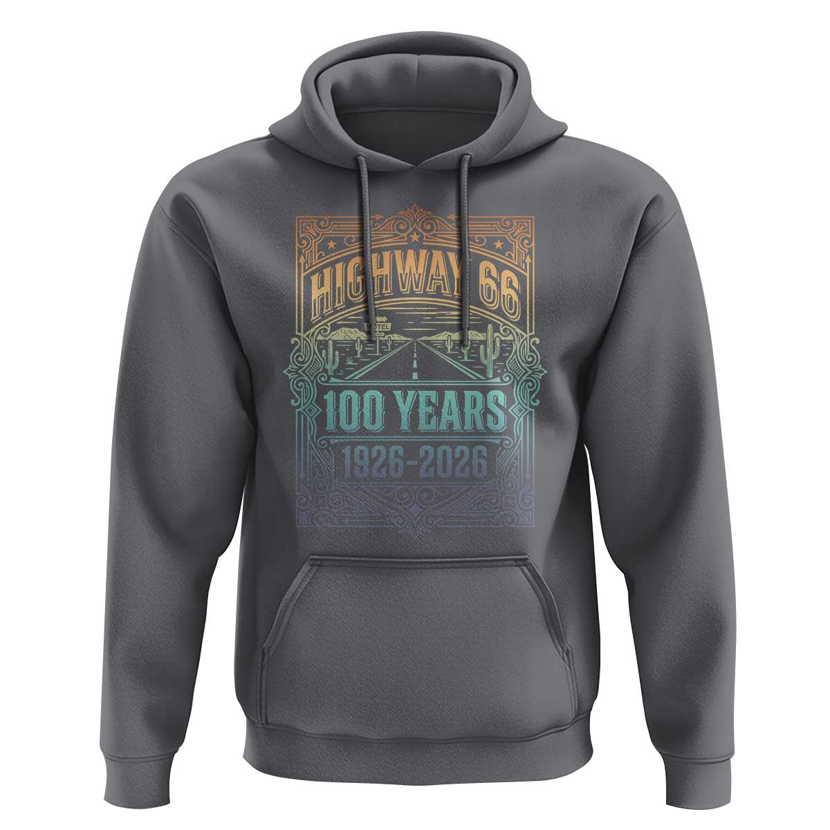 America Highway 66 100 Years Centennial 1926-2026 Hoodie Retro Desert Horizon The Mother Road Colorful Graphic