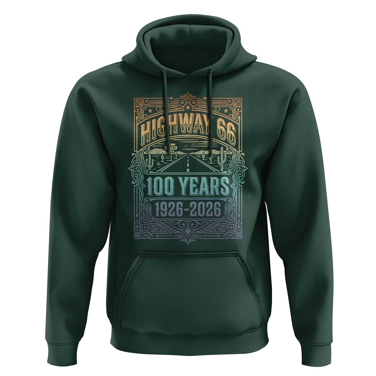 America Highway 66 100 Years Centennial 1926-2026 Hoodie Retro Desert Horizon The Mother Road Colorful Graphic