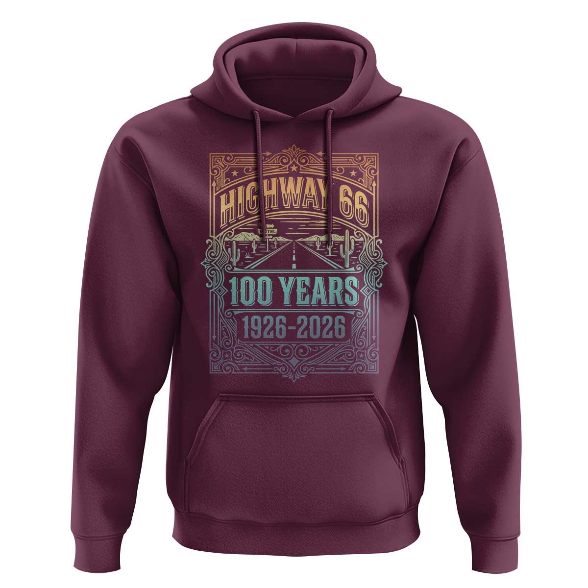America Highway 66 100 Years Centennial 1926-2026 Hoodie Retro Desert Horizon The Mother Road Colorful Graphic