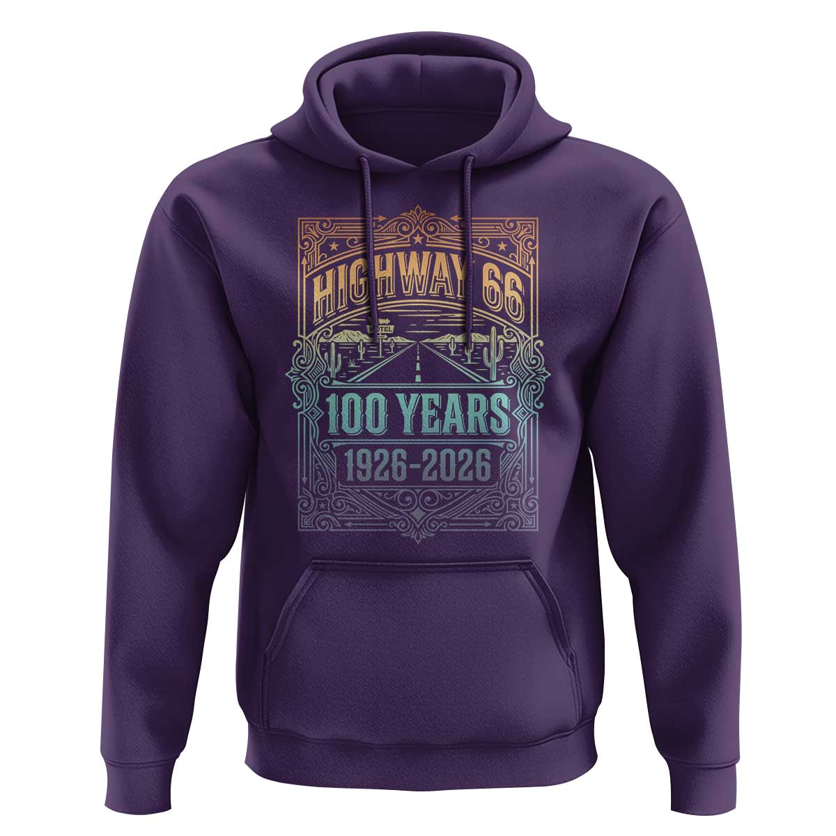 America Highway 66 100 Years Centennial 1926-2026 Hoodie Retro Desert Horizon The Mother Road Colorful Graphic