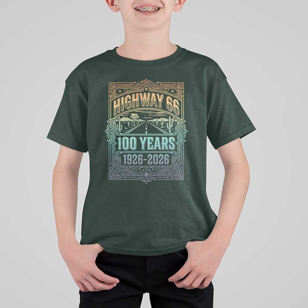 America Highway 66 100 Years Centennial 1926-2026 T Shirt For Kid Retro Desert Horizon The Mother Road Colorful Graphic