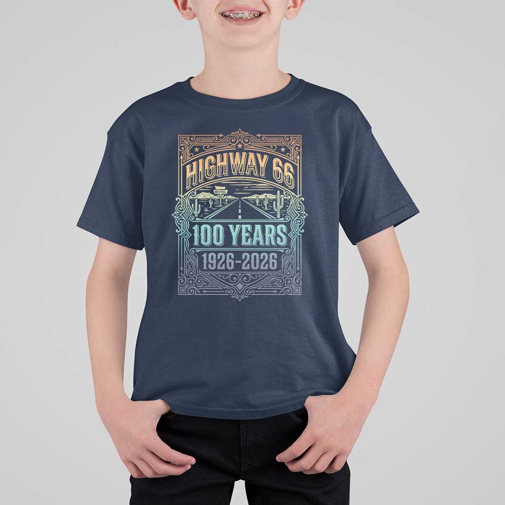 America Highway 66 100 Years Centennial 1926-2026 T Shirt For Kid Retro Desert Horizon The Mother Road Colorful Graphic