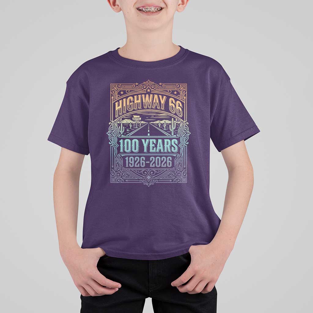 America Highway 66 100 Years Centennial 1926-2026 T Shirt For Kid Retro Desert Horizon The Mother Road Colorful Graphic