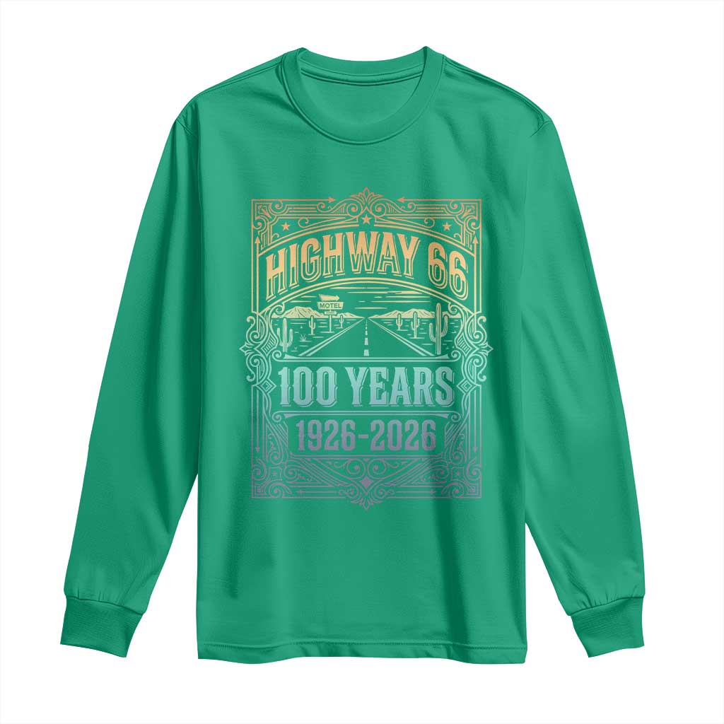 America Highway 66 100 Years Centennial 1926-2026 Long Sleeve Shirt Retro Desert Horizon The Mother Road Colorful Graphic