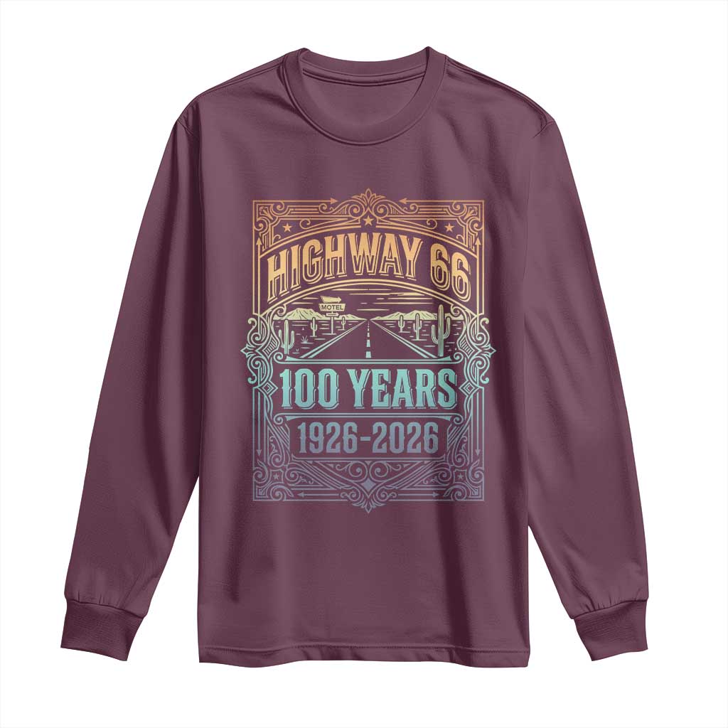 America Highway 66 100 Years Centennial 1926-2026 Long Sleeve Shirt Retro Desert Horizon The Mother Road Colorful Graphic
