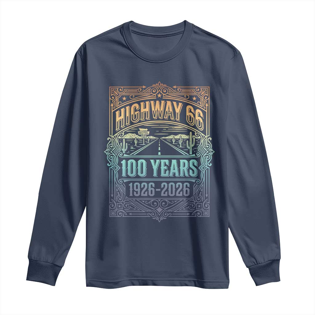 America Highway 66 100 Years Centennial 1926-2026 Long Sleeve Shirt Retro Desert Horizon The Mother Road Colorful Graphic