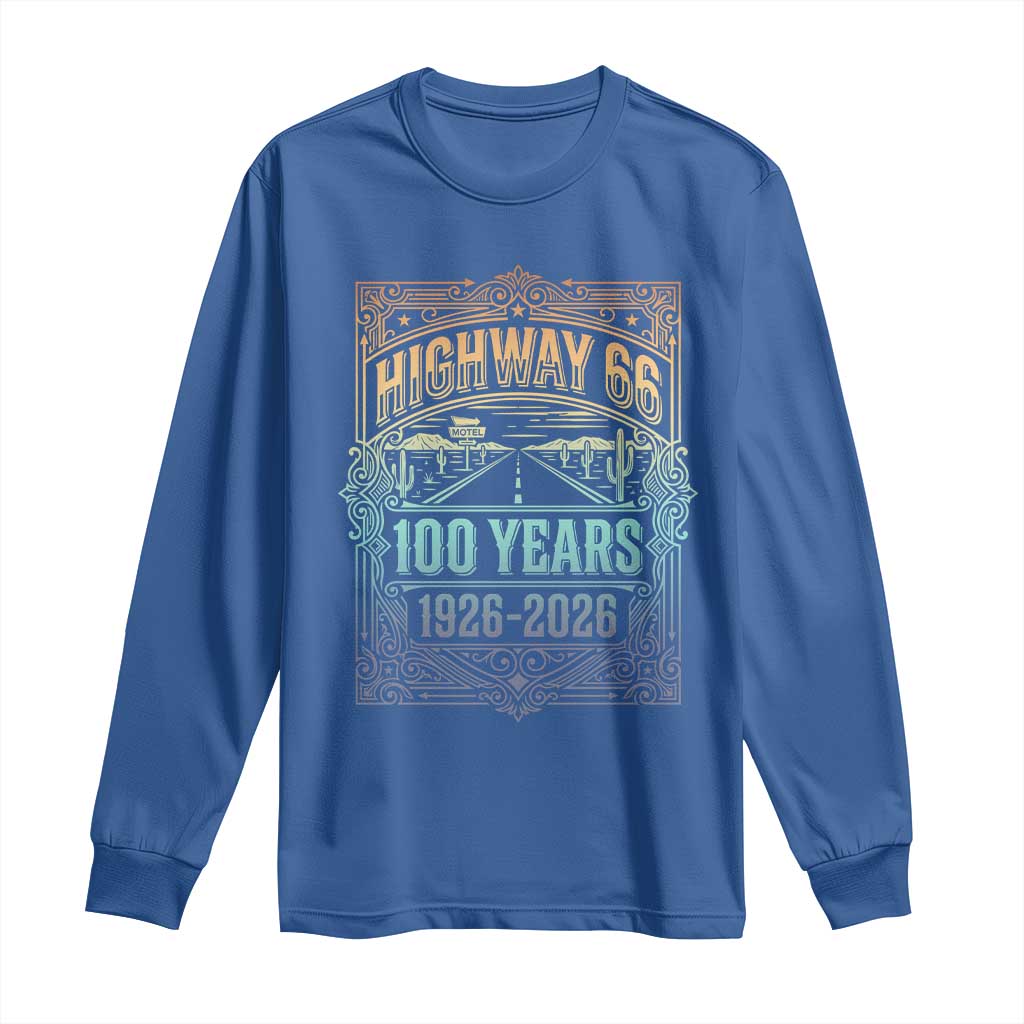 America Highway 66 100 Years Centennial 1926-2026 Long Sleeve Shirt Retro Desert Horizon The Mother Road Colorful Graphic