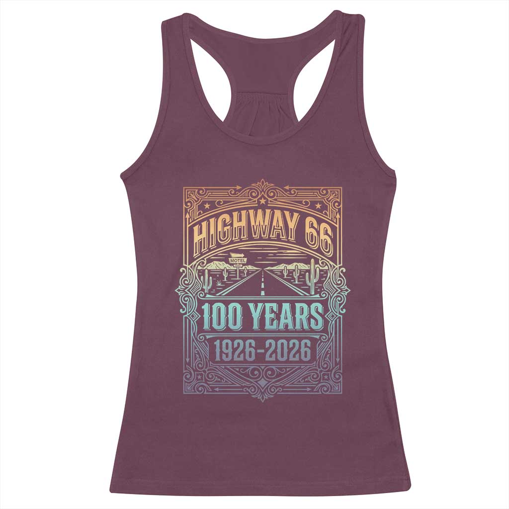 America Highway 66 100 Years Centennial 1926-2026 Racerback Tank Top Retro Desert Horizon The Mother Road Colorful Graphic