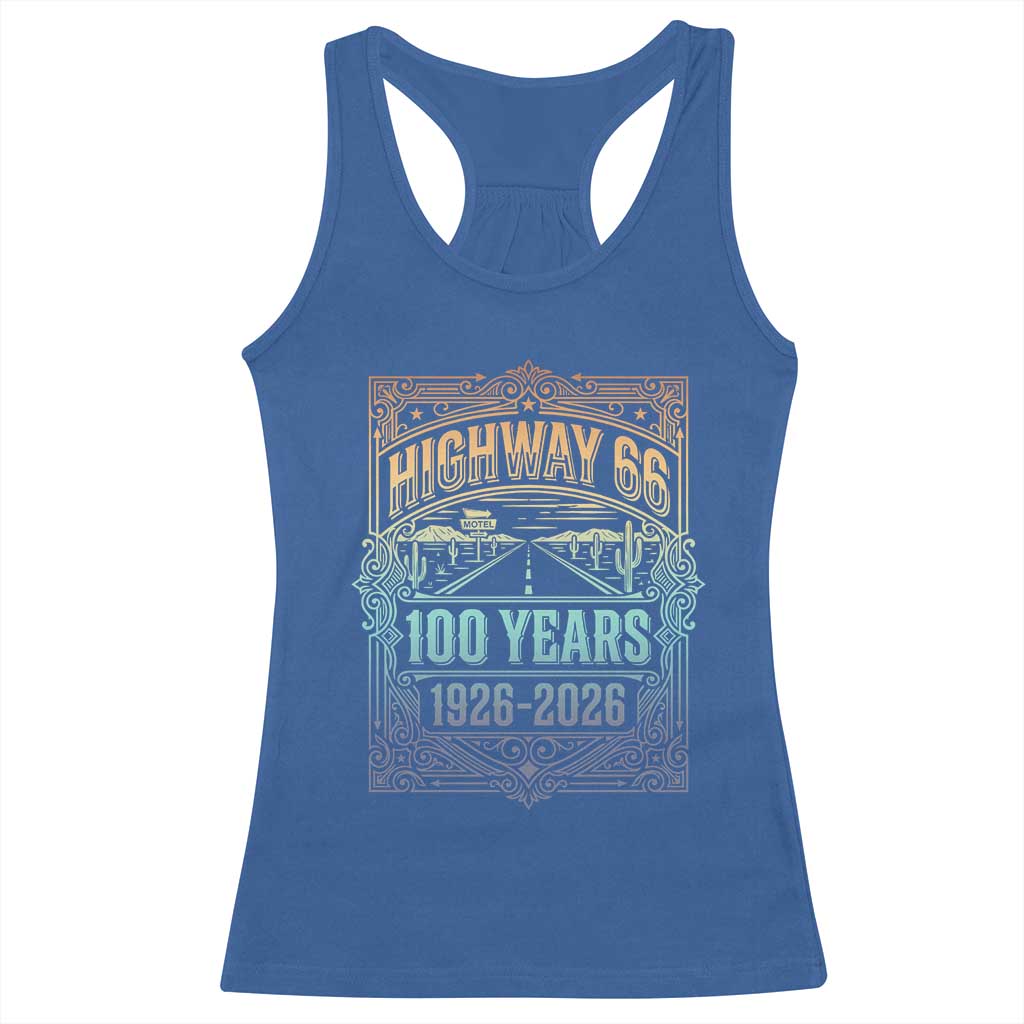 America Highway 66 100 Years Centennial 1926-2026 Racerback Tank Top Retro Desert Horizon The Mother Road Colorful Graphic