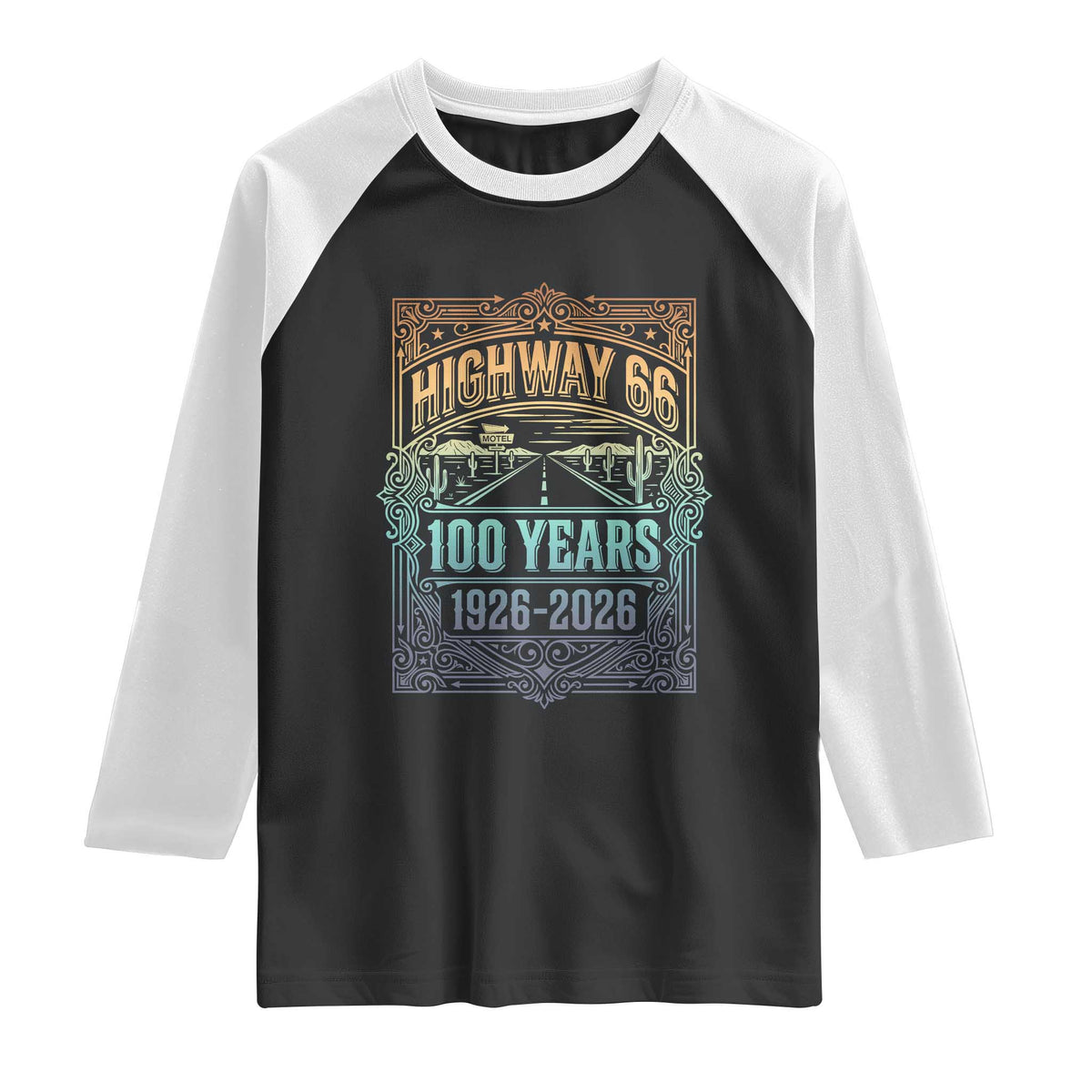 America Highway 66 100 Years Centennial 1926-2026 Raglan Shirt Retro Desert Horizon The Mother Road Colorful Graphic