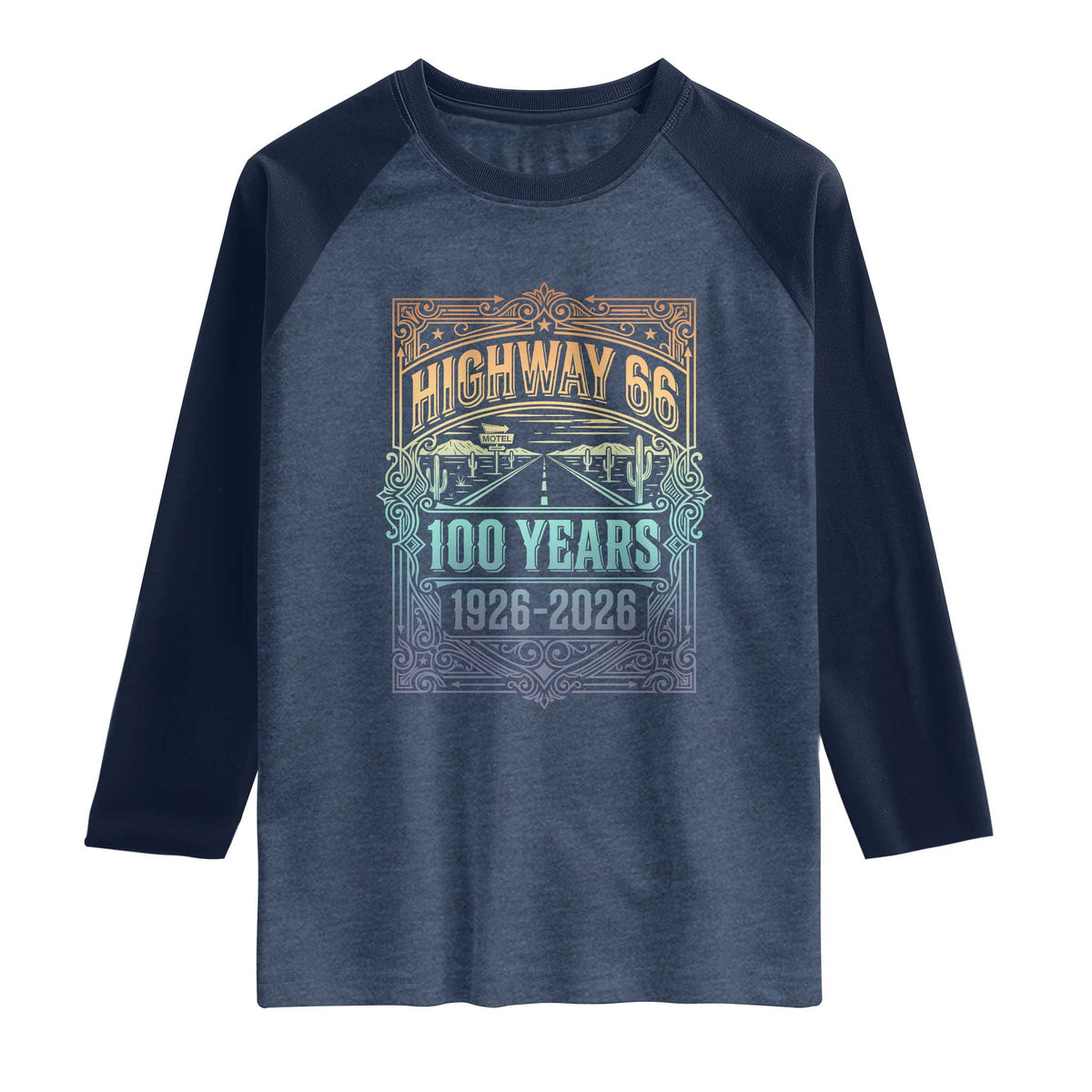 America Highway 66 100 Years Centennial 1926-2026 Raglan Shirt Retro Desert Horizon The Mother Road Colorful Graphic