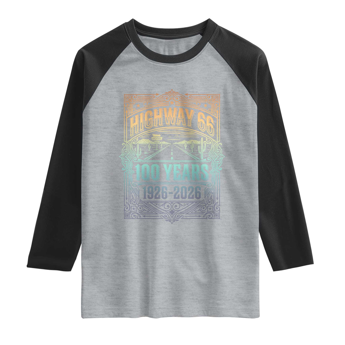 America Highway 66 100 Years Centennial 1926-2026 Raglan Shirt Retro Desert Horizon The Mother Road Colorful Graphic