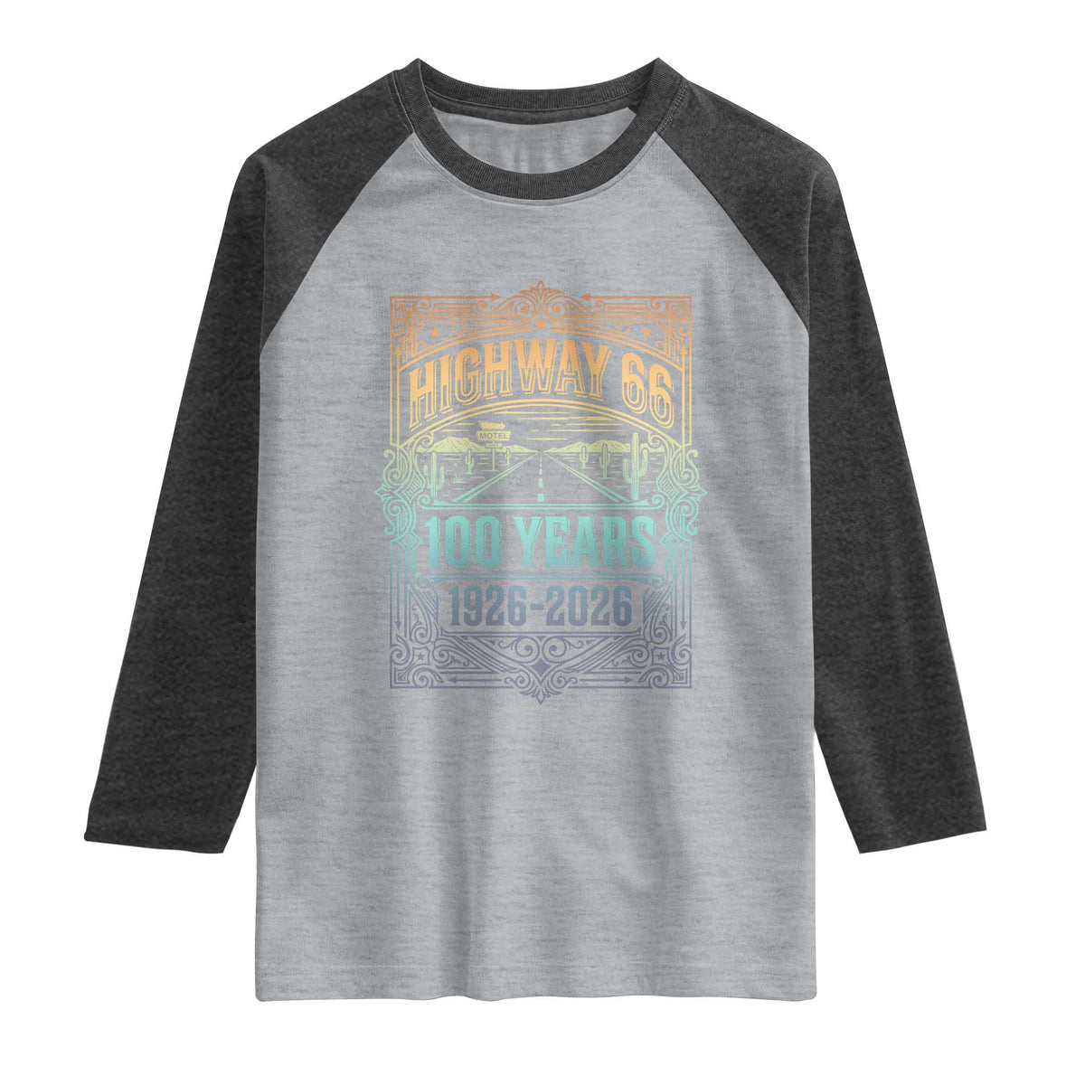 America Highway 66 100 Years Centennial 1926-2026 Raglan Shirt Retro Desert Horizon The Mother Road Colorful Graphic