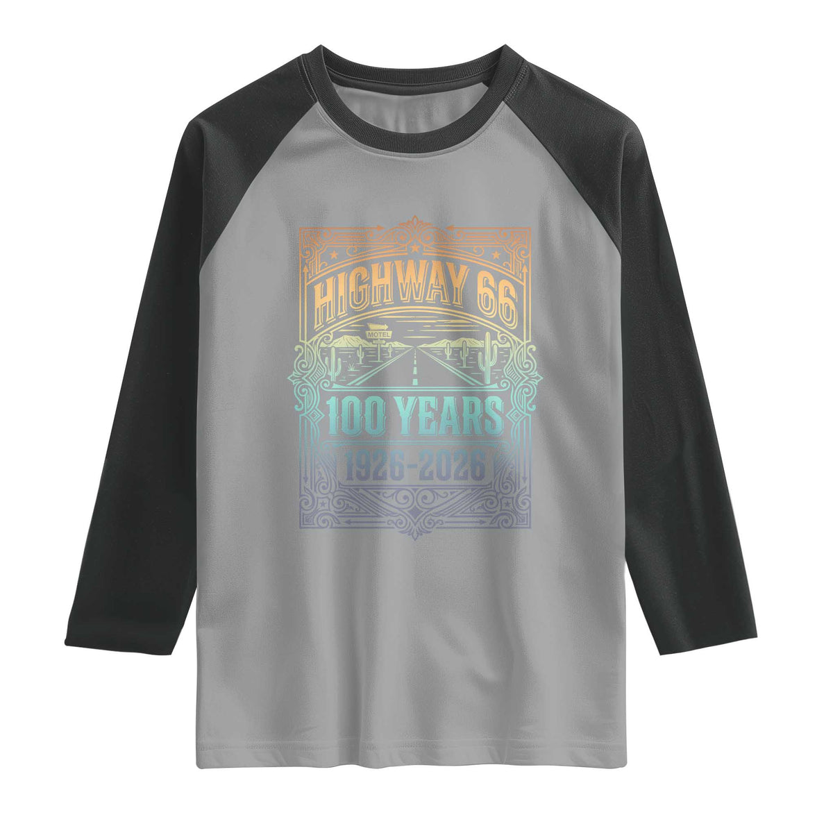 America Highway 66 100 Years Centennial 1926-2026 Raglan Shirt Retro Desert Horizon The Mother Road Colorful Graphic