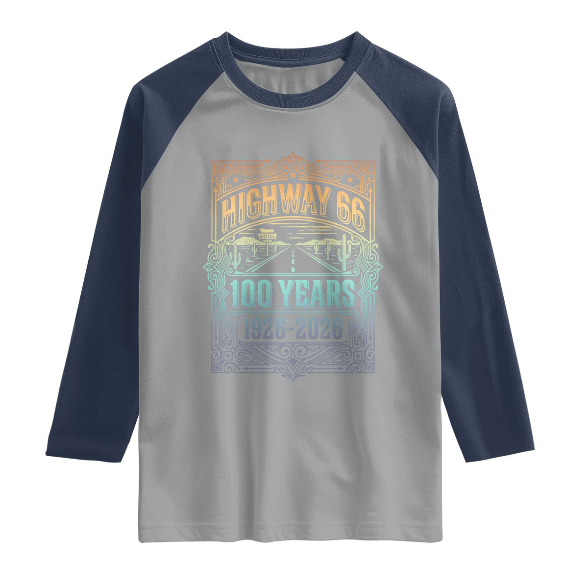 America Highway 66 100 Years Centennial 1926-2026 Raglan Shirt Retro Desert Horizon The Mother Road Colorful Graphic
