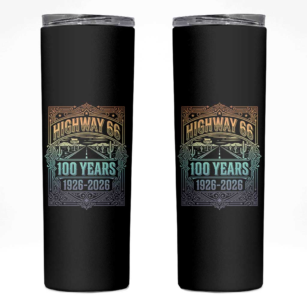America Highway 66 100 Years Centennial 1926-2026 Skinny Tumbler Retro Desert Horizon The Mother Road Colorful Graphic