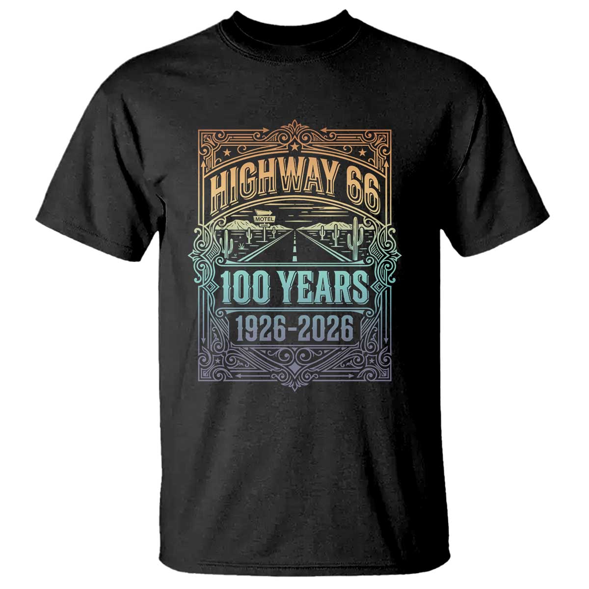 America Highway 66 100 Years Centennial 1926-2026 T Shirt Retro Desert Horizon The Mother Road Colorful Graphic