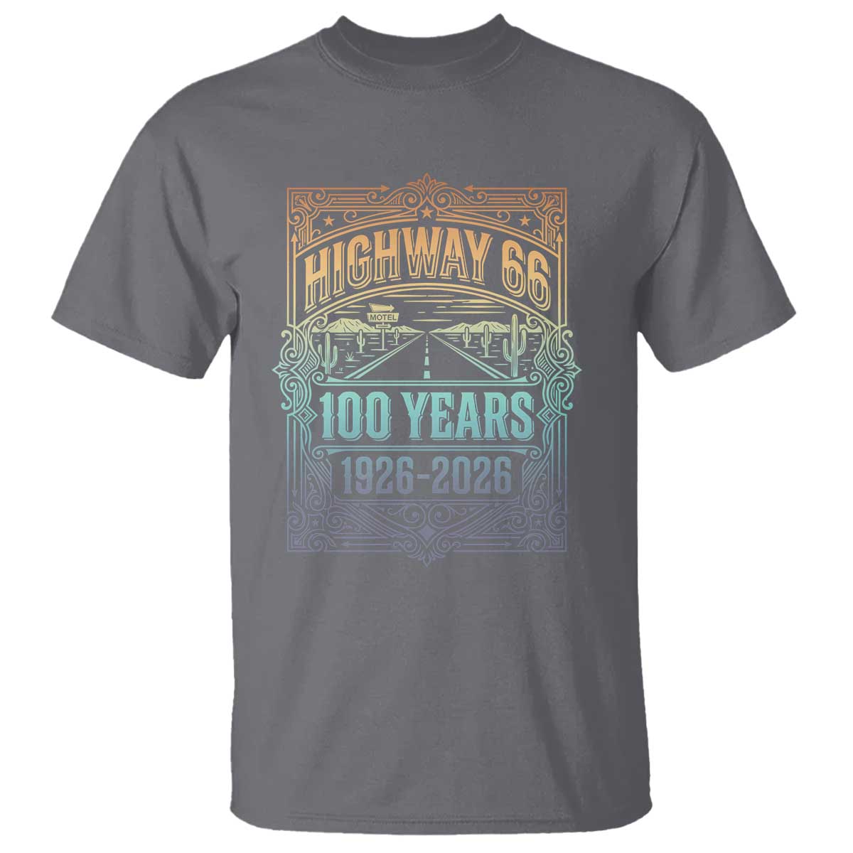 America Highway 66 100 Years Centennial 1926-2026 T Shirt Retro Desert Horizon The Mother Road Colorful Graphic