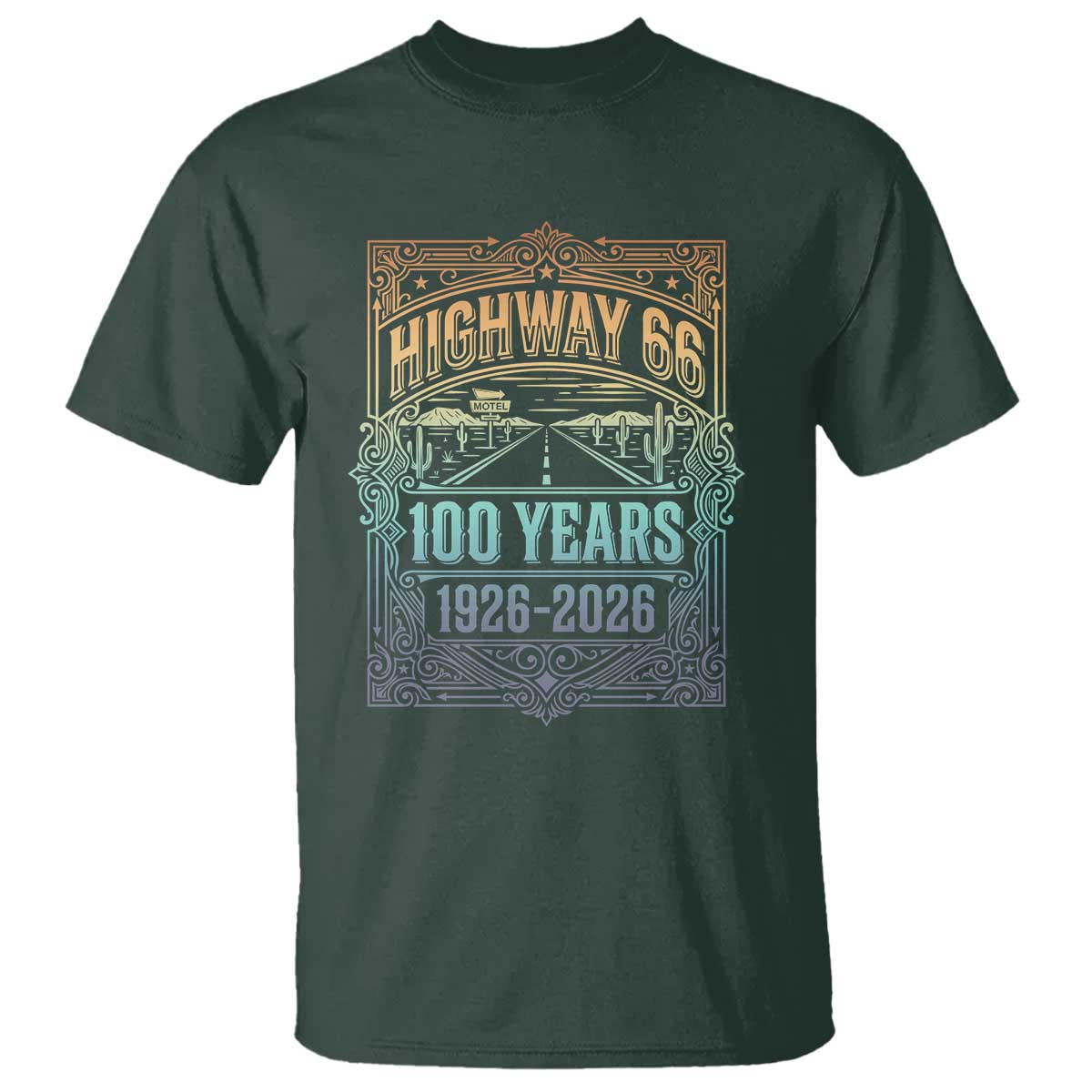 America Highway 66 100 Years Centennial 1926-2026 T Shirt Retro Desert Horizon The Mother Road Colorful Graphic