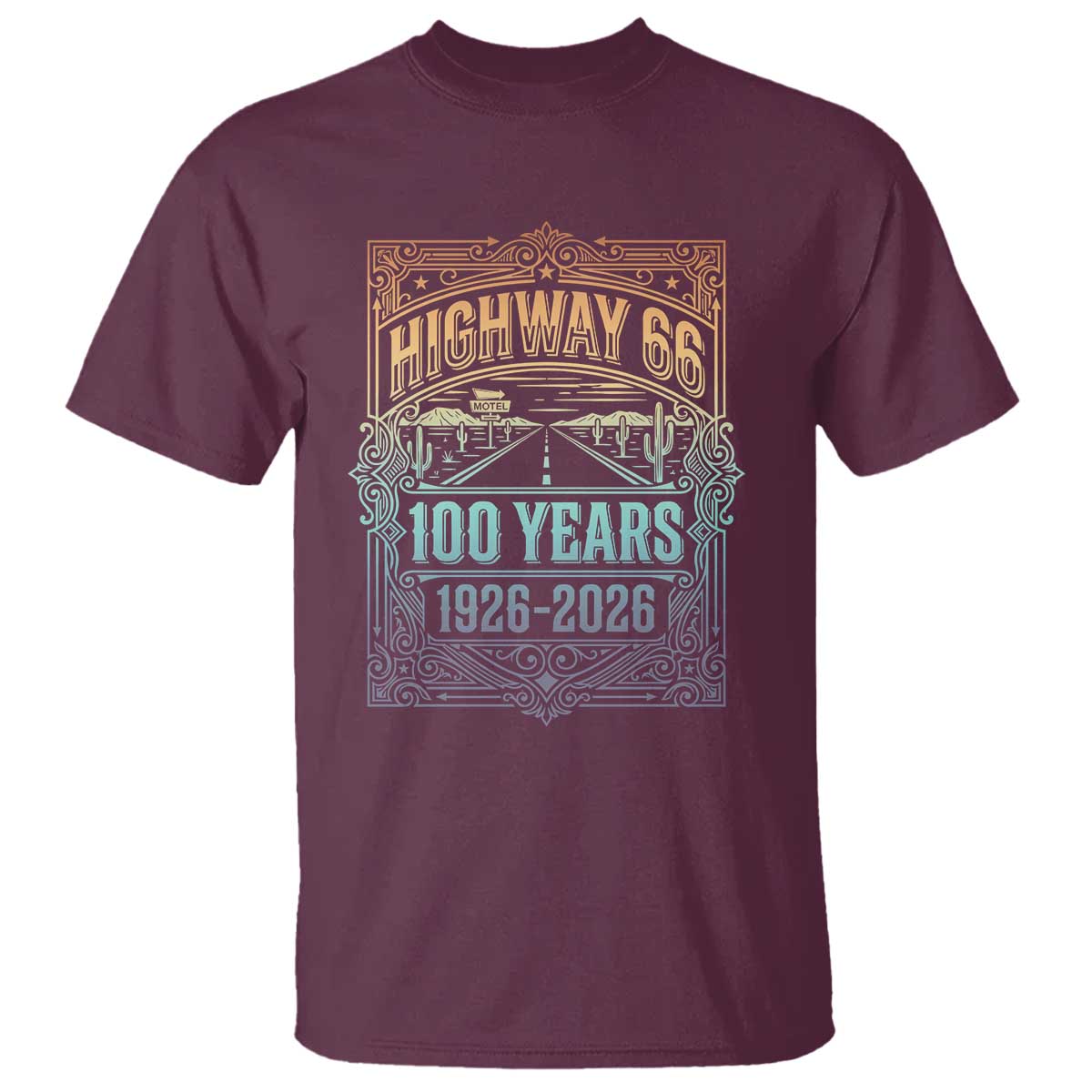 America Highway 66 100 Years Centennial 1926-2026 T Shirt Retro Desert Horizon The Mother Road Colorful Graphic