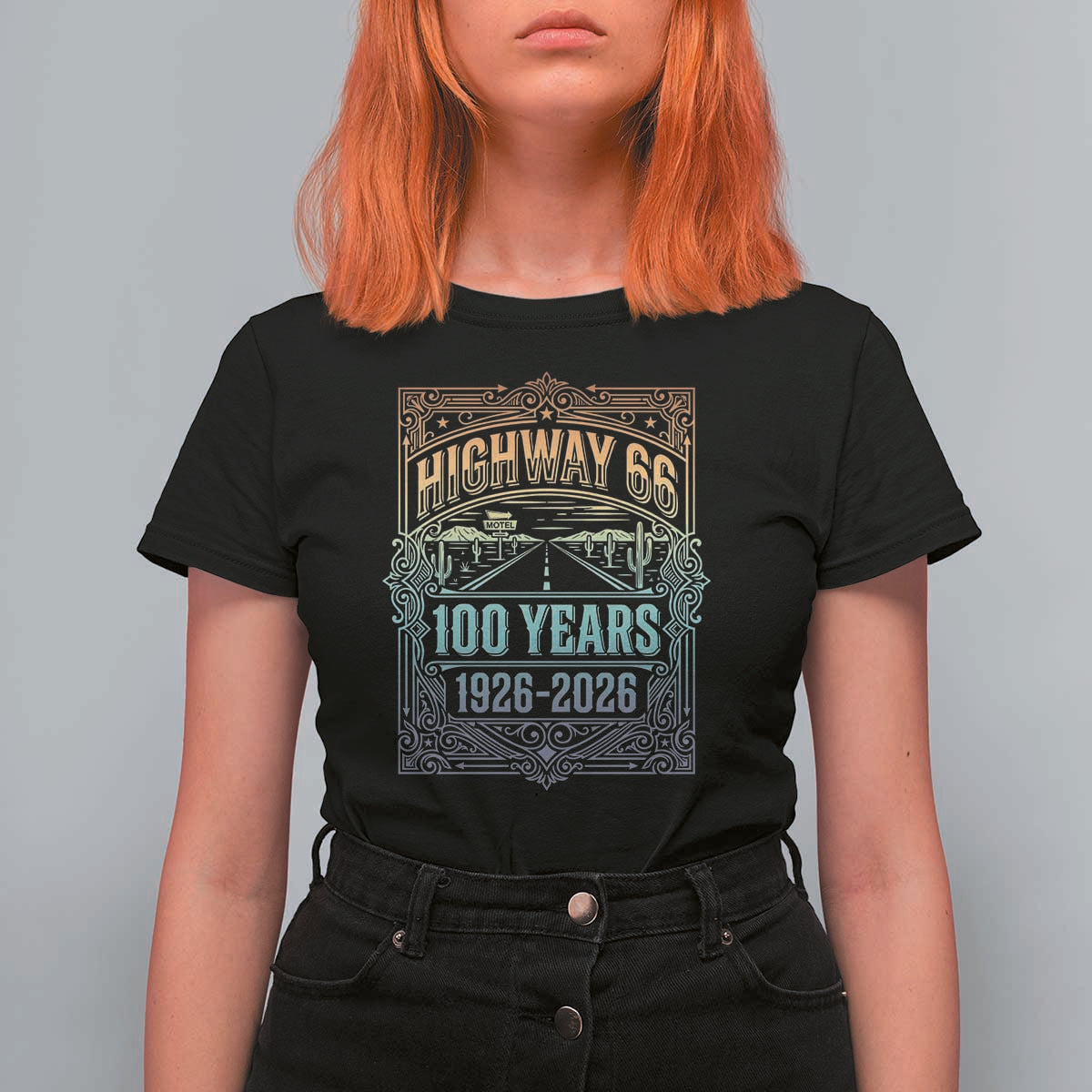 America Highway 66 100 Years Centennial 1926-2026 T Shirt For Women Retro Desert Horizon The Mother Road Colorful Graphic