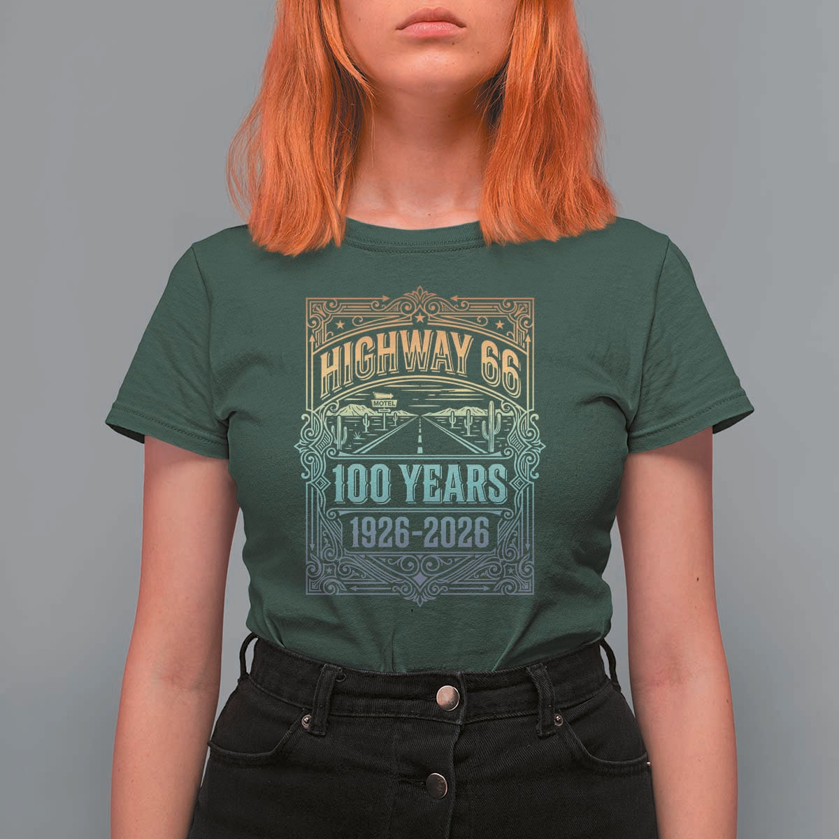 America Highway 66 100 Years Centennial 1926-2026 T Shirt For Women Retro Desert Horizon The Mother Road Colorful Graphic