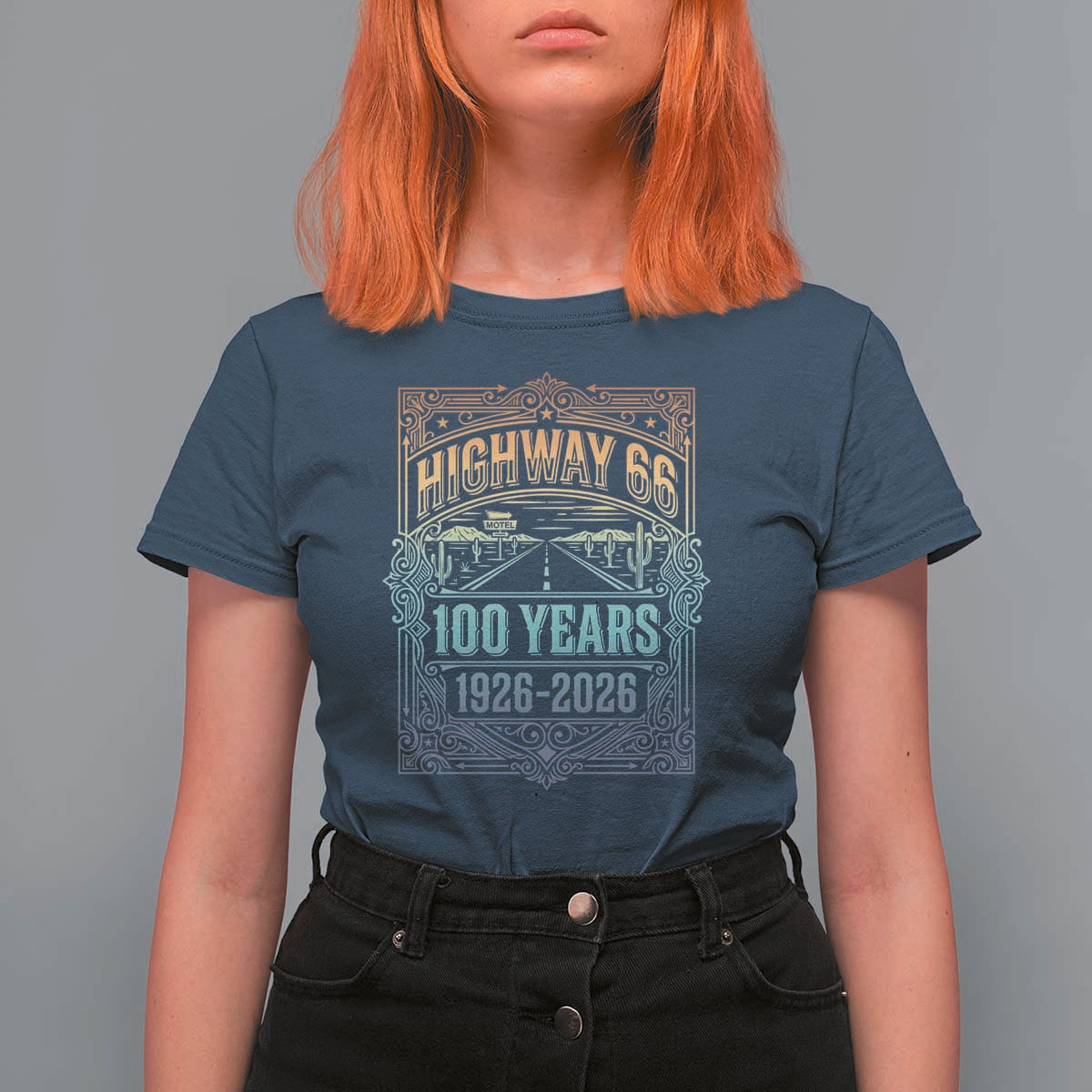 America Highway 66 100 Years Centennial 1926-2026 T Shirt For Women Retro Desert Horizon The Mother Road Colorful Graphic