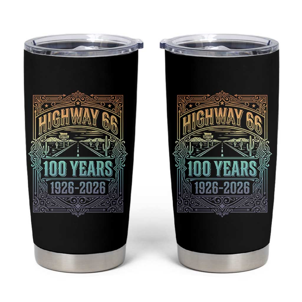 America Highway 66 100 Years Centennial 1926-2026 Tumbler Cup Retro Desert Horizon The Mother Road Colorful Graphic