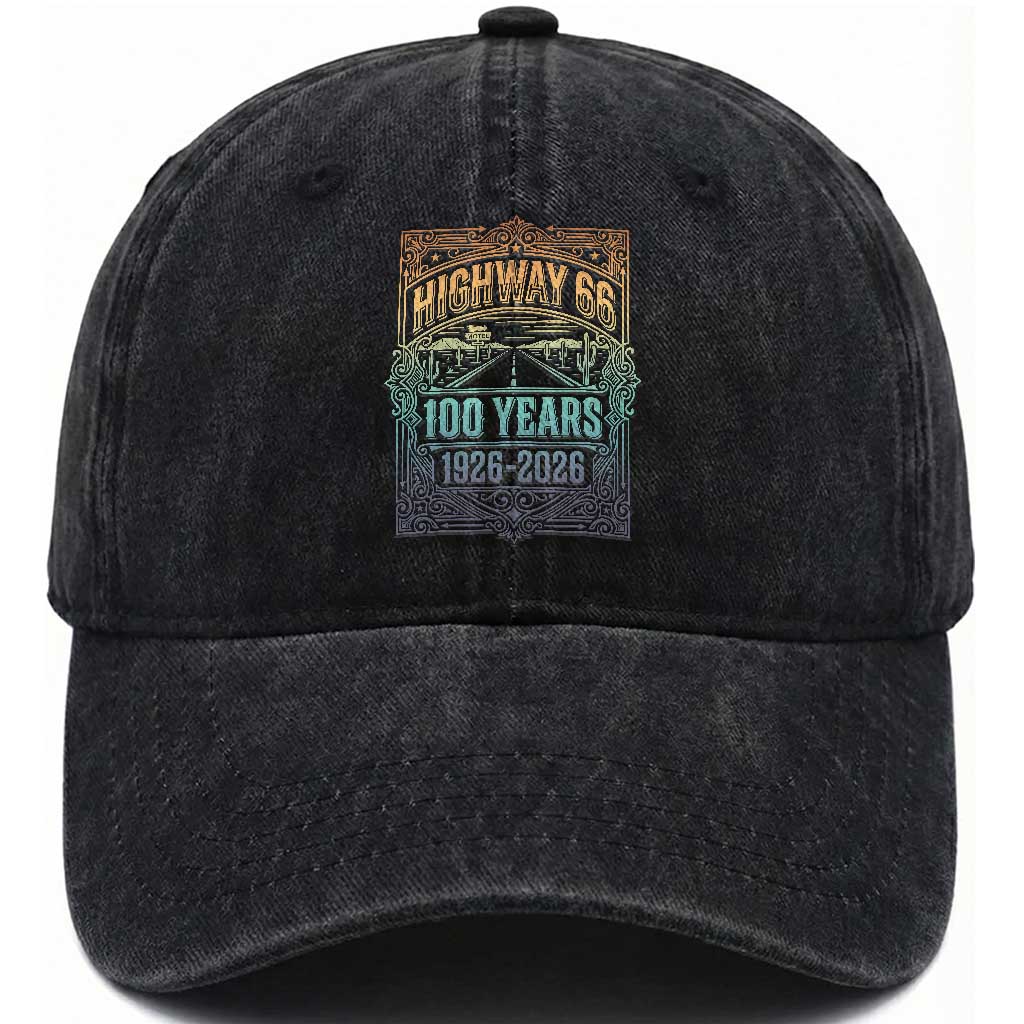 America Highway 66 100 Years Centennial 1926-2026 Washed Cotton Baseball Cap Retro Desert Horizon The Mother Road Colorful Graphic
