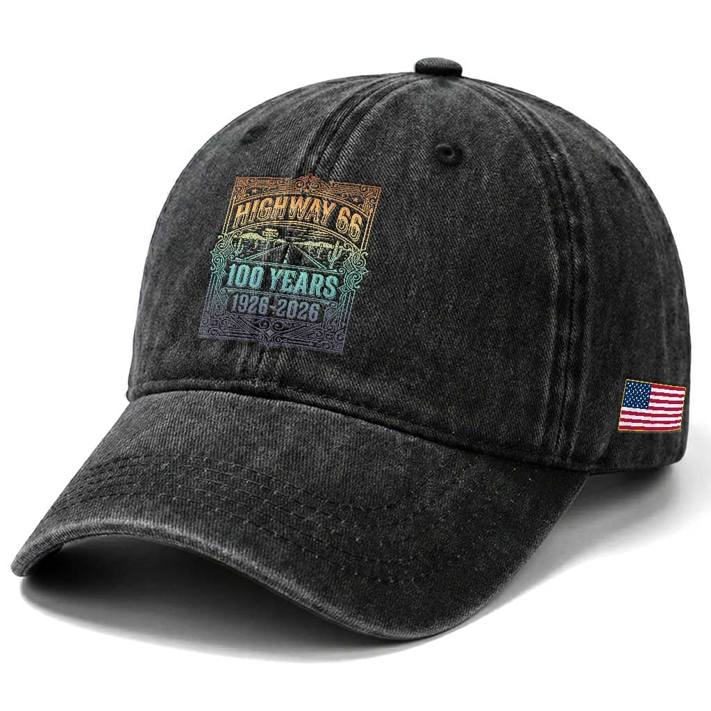 America Highway 66 100 Years Centennial 1926-2026 Washed Cotton Baseball Cap Retro Desert Horizon The Mother Road Colorful Graphic