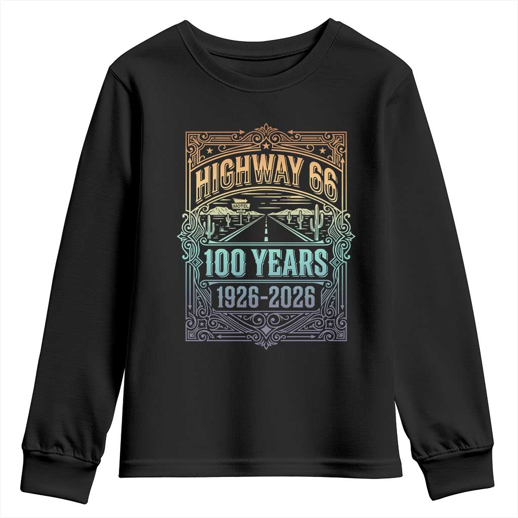 America Highway 66 100 Years Centennial 1926-2026 Youth Sweatshirt Retro Desert Horizon The Mother Road Colorful Graphic