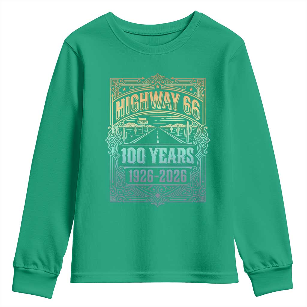 America Highway 66 100 Years Centennial 1926-2026 Youth Sweatshirt Retro Desert Horizon The Mother Road Colorful Graphic