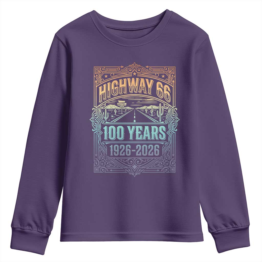 America Highway 66 100 Years Centennial 1926-2026 Youth Sweatshirt Retro Desert Horizon The Mother Road Colorful Graphic