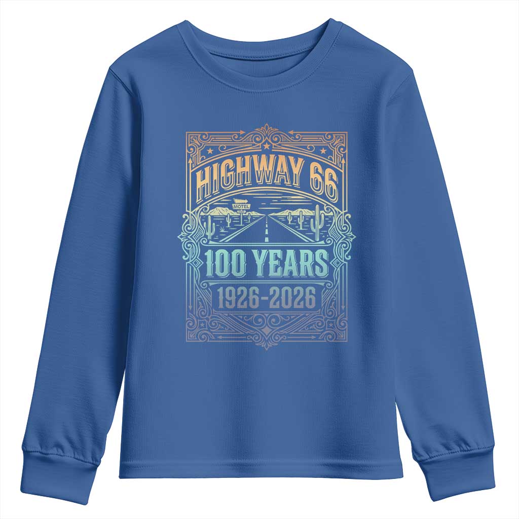 America Highway 66 100 Years Centennial 1926-2026 Youth Sweatshirt Retro Desert Horizon The Mother Road Colorful Graphic