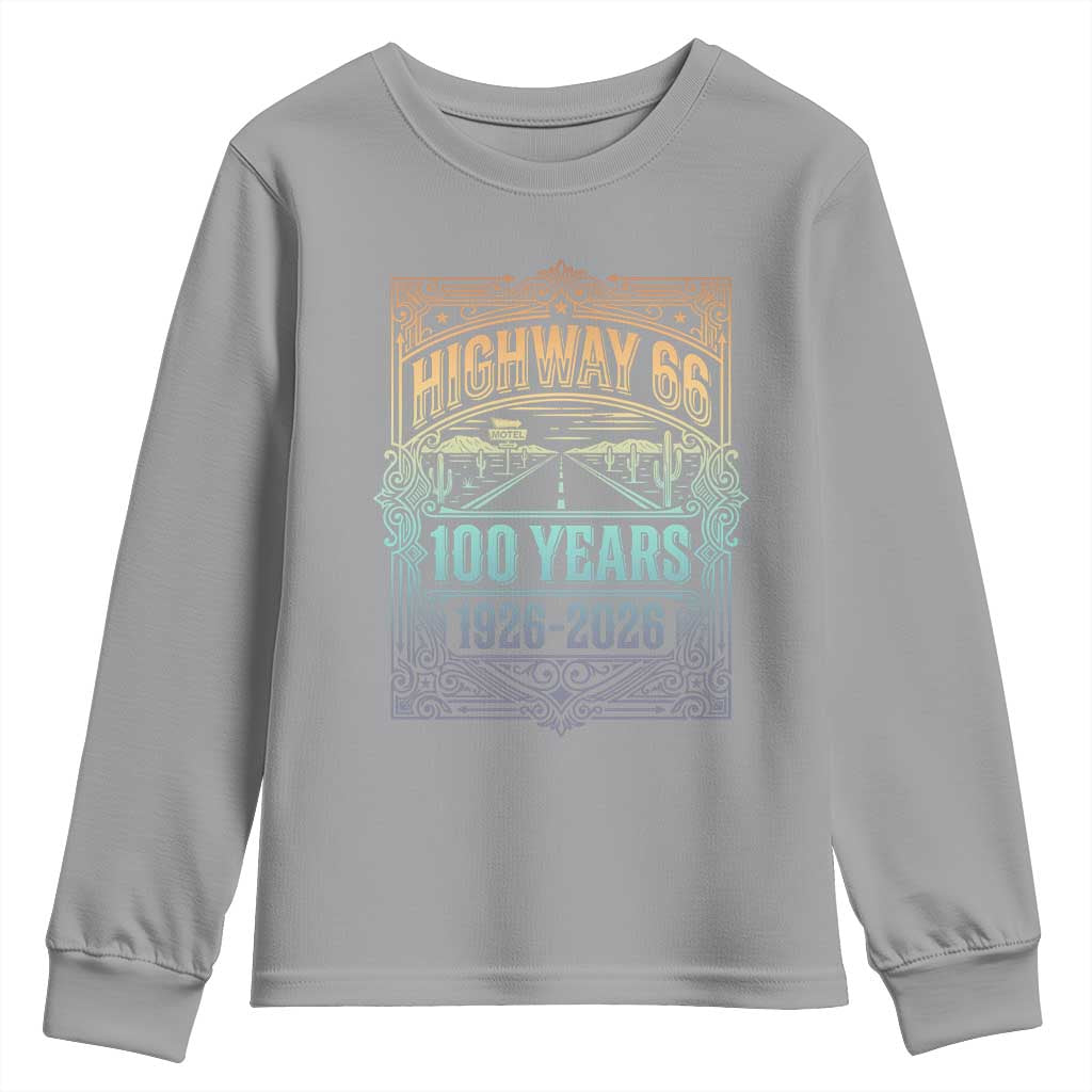 America Highway 66 100 Years Centennial 1926-2026 Youth Sweatshirt Retro Desert Horizon The Mother Road Colorful Graphic
