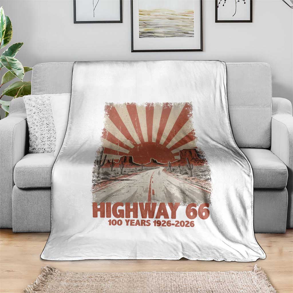 Highway 66 Main Street of America Sunset Horizon Throw Blanket Centennial 1926-2026 Retro Desert Sunburst Graphic