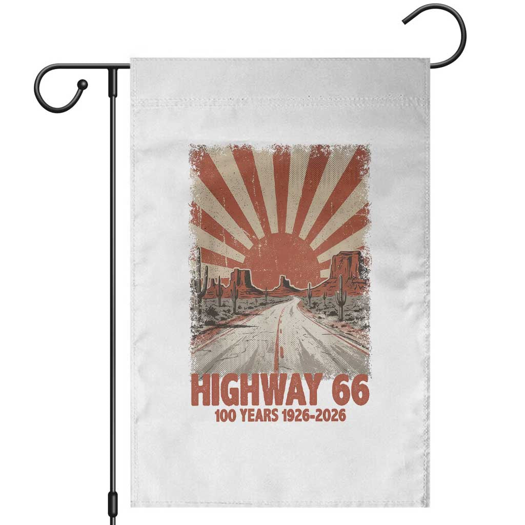 Highway 66 Main Street of America Sunset Horizon Garden Flag Centennial 1926-2026 Retro Desert Sunburst Graphic