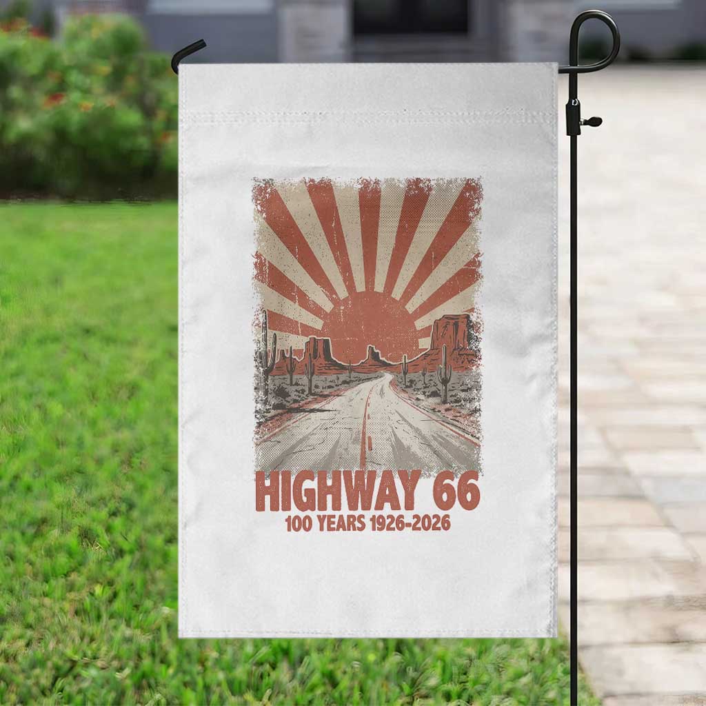 Highway 66 Main Street of America Sunset Horizon Garden Flag Centennial 1926-2026 Retro Desert Sunburst Graphic