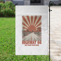 Highway 66 Main Street of America Sunset Horizon Garden Flag Centennial 1926-2026 Retro Desert Sunburst Graphic