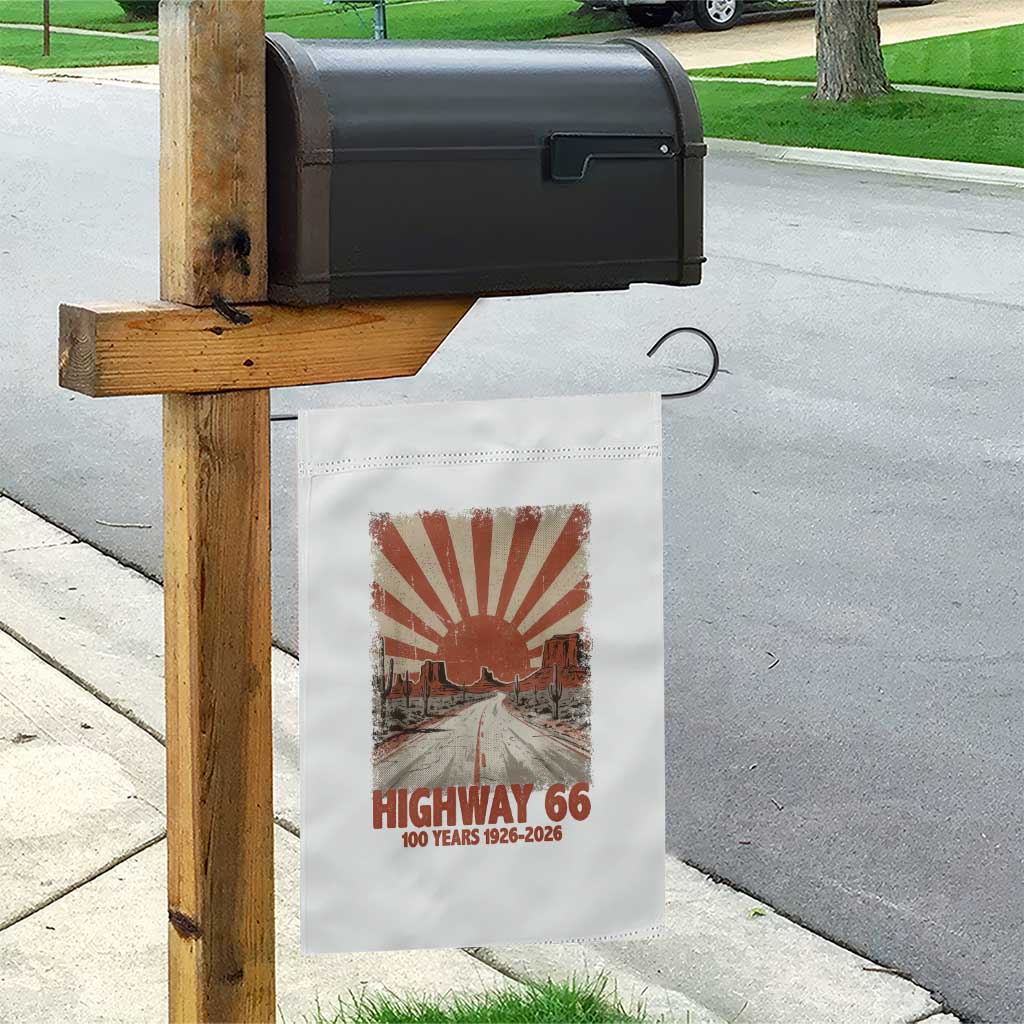 Highway 66 Main Street of America Sunset Horizon Garden Flag Centennial 1926-2026 Retro Desert Sunburst Graphic