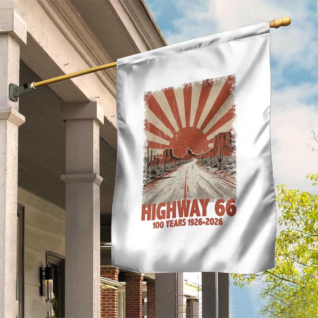 Highway 66 Main Street of America Sunset Horizon Garden Flag Centennial 1926-2026 Retro Desert Sunburst Graphic