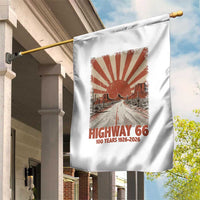 Highway 66 Main Street of America Sunset Horizon Garden Flag Centennial 1926-2026 Retro Desert Sunburst Graphic