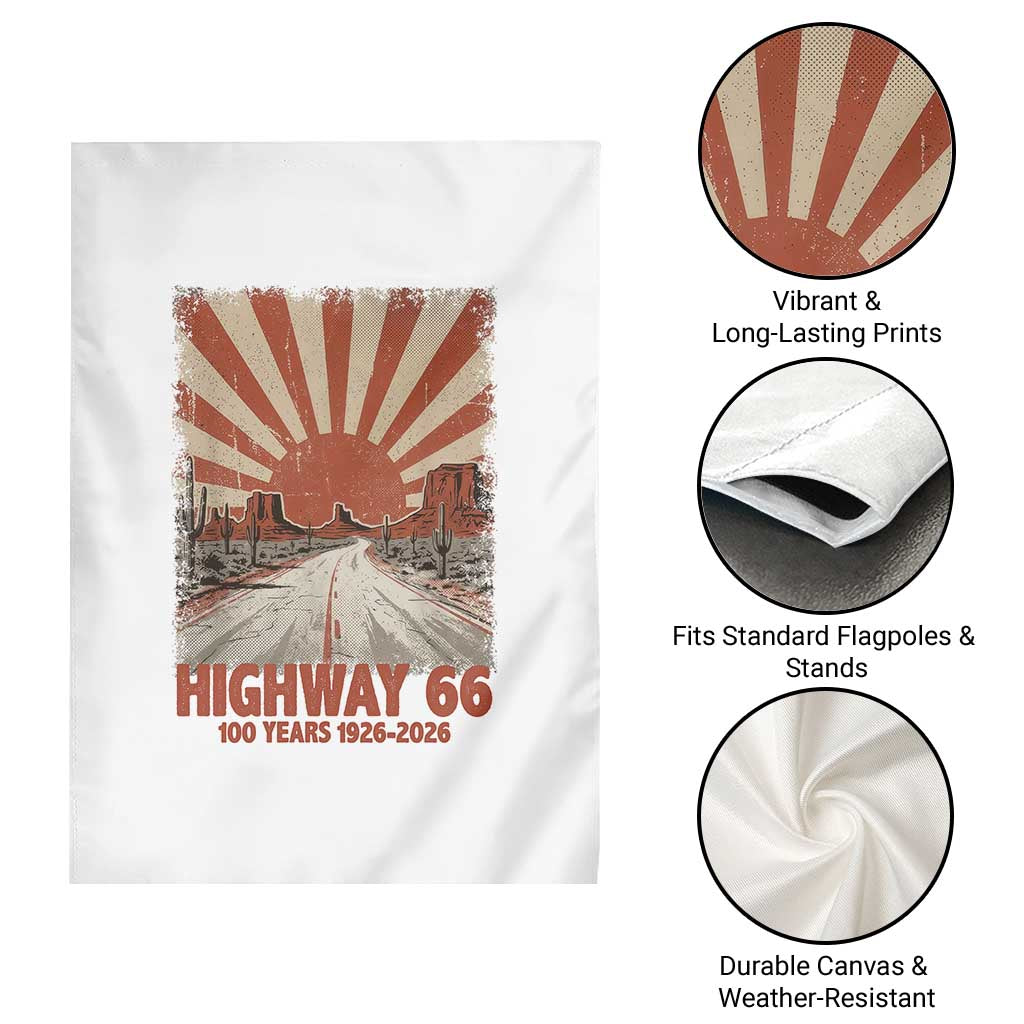 Highway 66 Main Street of America Sunset Horizon Garden Flag Centennial 1926-2026 Retro Desert Sunburst Graphic
