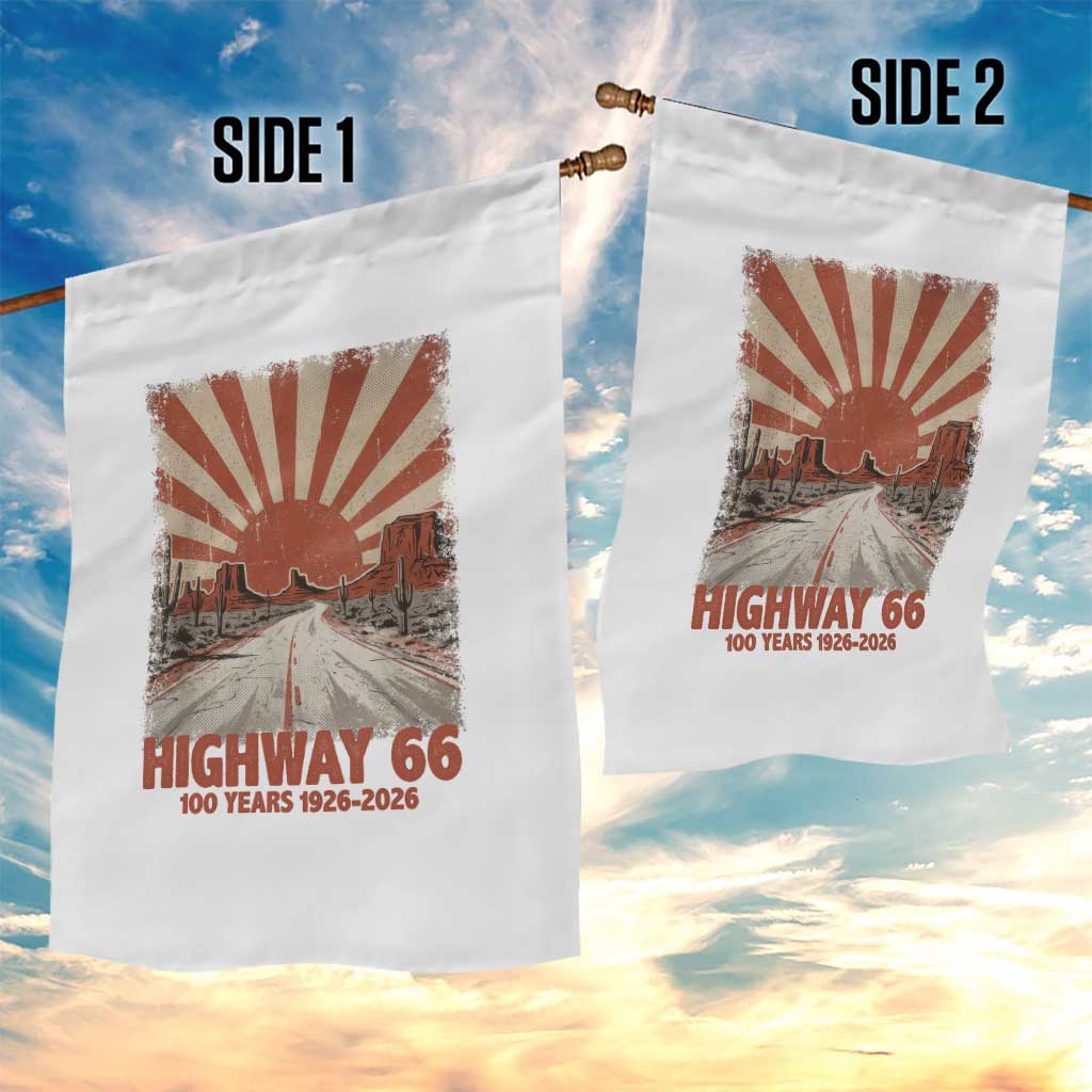 Highway 66 Main Street of America Sunset Horizon Garden Flag Centennial 1926-2026 Retro Desert Sunburst Graphic