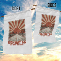 Highway 66 Main Street of America Sunset Horizon Garden Flag Centennial 1926-2026 Retro Desert Sunburst Graphic