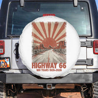 Highway 66 Main Street of America Sunset Horizon Spare Tire Cover Centennial 1926-2026 Retro Desert Sunburst Graphic