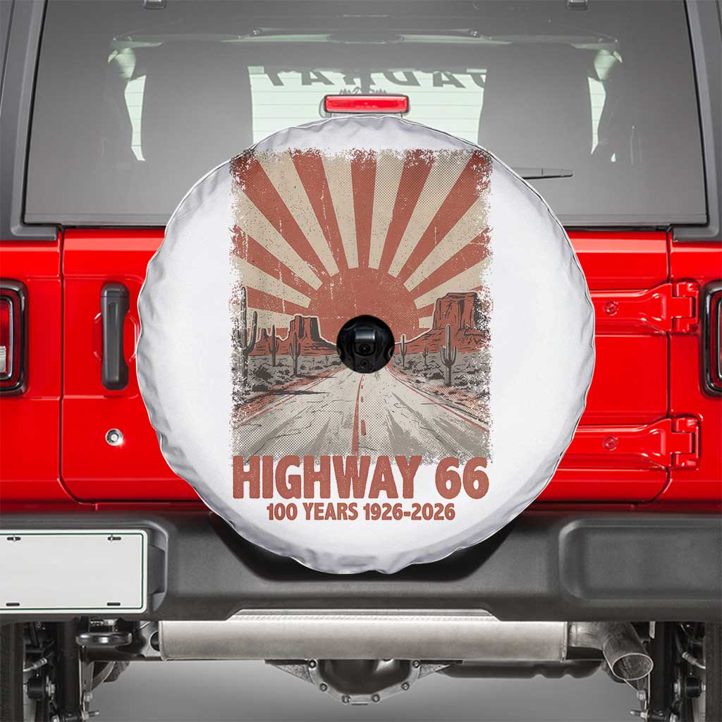 Highway 66 Main Street of America Sunset Horizon Spare Tire Cover Centennial 1926-2026 Retro Desert Sunburst Graphic
