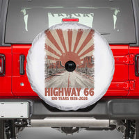 Highway 66 Main Street of America Sunset Horizon Spare Tire Cover Centennial 1926-2026 Retro Desert Sunburst Graphic