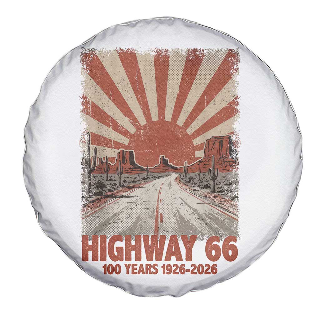 Highway 66 Main Street of America Sunset Horizon Spare Tire Cover Centennial 1926-2026 Retro Desert Sunburst Graphic