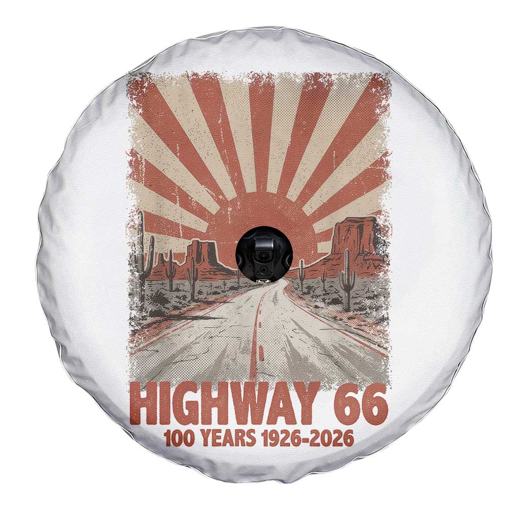 Highway 66 Main Street of America Sunset Horizon Spare Tire Cover Centennial 1926-2026 Retro Desert Sunburst Graphic
